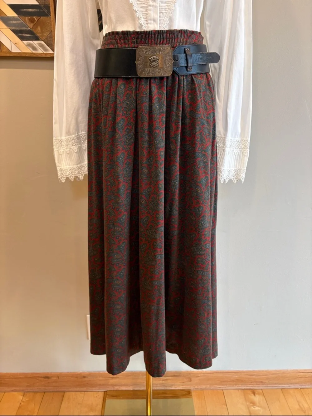 Vintage Ralph Lauren Blue Label 90s Cotton Stretch Paisley Midi Skirt Medium - Picture 2 of 12